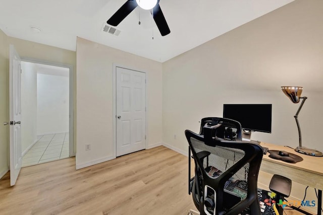 office area with baseboards, ceiling fan, light wood-style flooring, and visible vents