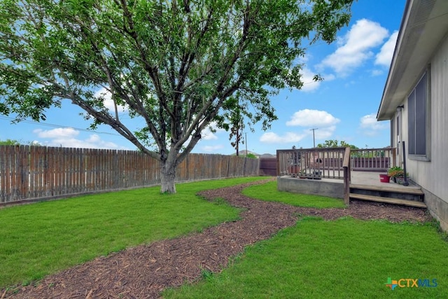 view of yard featuring a fenced backyard and a deck