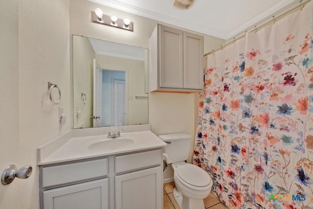 bathroom with curtained shower, tile patterned floors, vanity, toilet, and ornamental molding