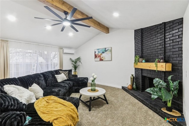 carpeted living room with a brick fireplace, lofted ceiling with beams, a wall mounted AC, and ceiling fan