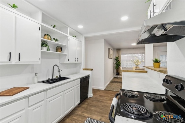 kitchen with range hood, sink, white cabinets, black appliances, and dark wood-type flooring