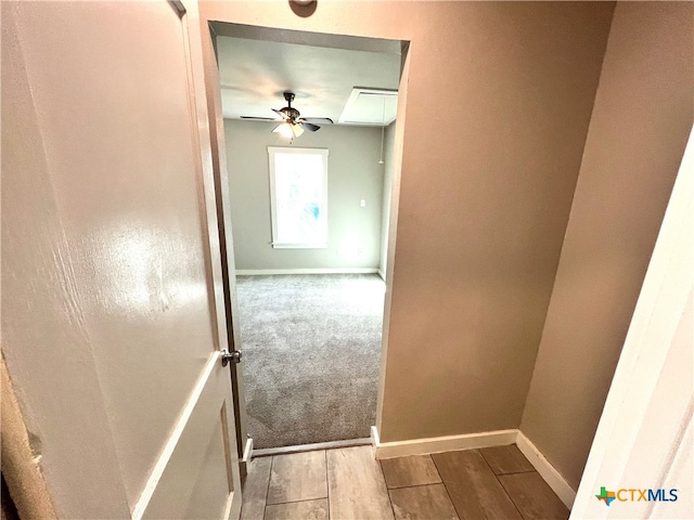 staircase with hardwood / wood-style floors and ceiling fan