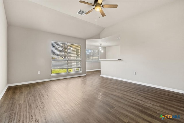 unfurnished living room featuring dark hardwood / wood-style floors, ceiling fan, and lofted ceiling