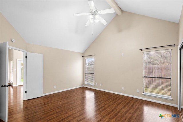 spare room with high vaulted ceiling, dark wood-type flooring, a ceiling fan, baseboards, and beam ceiling