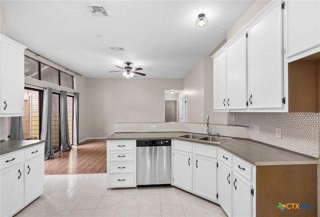 kitchen featuring a sink, visible vents, white cabinets, and dishwasher