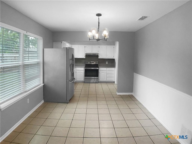 kitchen with visible vents, stainless steel appliances, white cabinets, an inviting chandelier, and under cabinet range hood