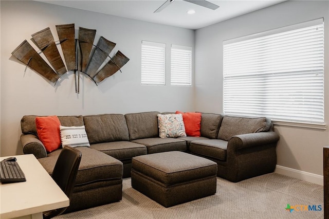 110 Terra Vista Ranch Rd, Victoria, TX 77904 - living area with ceiling fan, light carpet, and recessed lighting