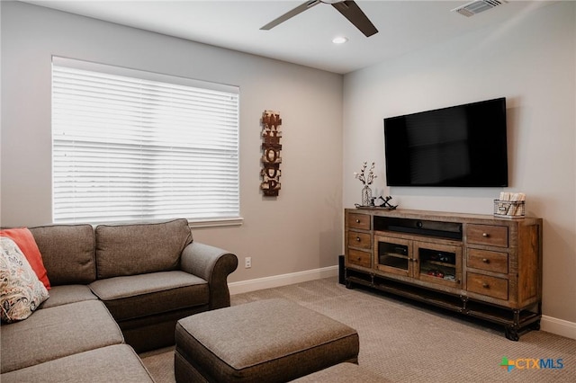 110 Terra Vista Ranch Rd, Victoria, TX 77904 - living room featuring a ceiling fan, light colored carpet, and recessed lighting