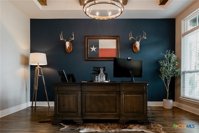 110 Terra Vista Ranch Rd, Victoria, TX 77904 - office featuring dark wood-style floors, a chandelier, and plenty of natural light