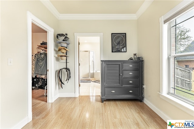 corridor featuring light wood-type flooring, a healthy amount of sunlight, and crown molding