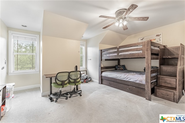 bedroom with ceiling fan and carpet floors