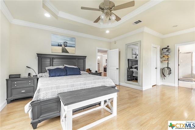 1402 Summer Glen Dr, Harker Heights, TX 76548 - bedroom featuring a raised ceiling, light wood finished floors, crown molding, recessed lighting, and baseboards