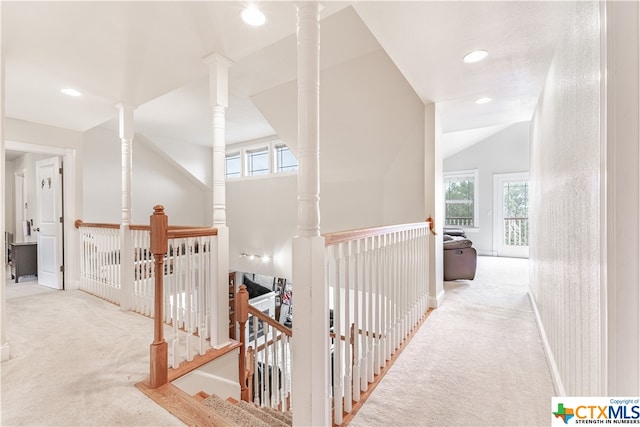 1402 Summer Glen Dr, Harker Heights, TX 76548 - corridor with carpet flooring, an upstairs landing, recessed lighting, baseboards, and vaulted ceiling
