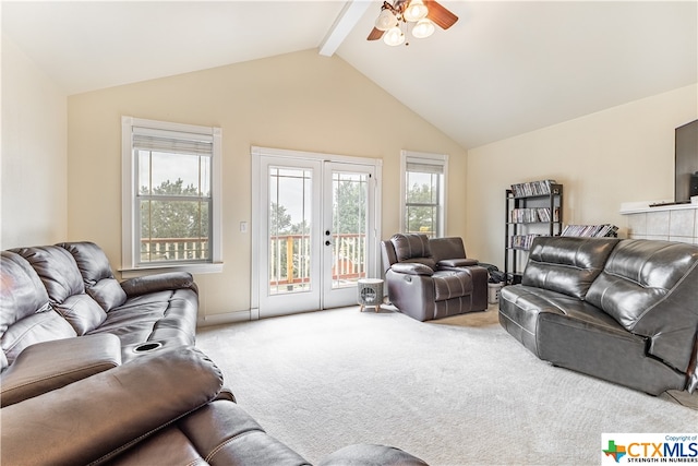 carpeted living room with lofted ceiling with beams, ceiling fan, and french doors