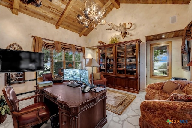 home office featuring beam ceiling, high vaulted ceiling, a chandelier, and wood ceiling