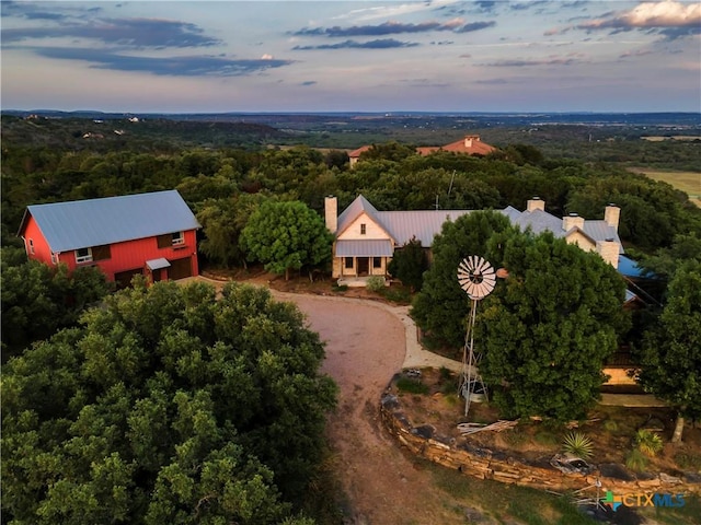 view of aerial view at dusk