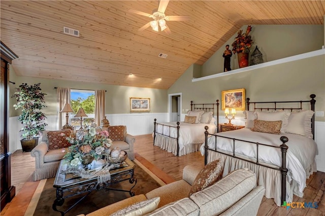 bedroom with ceiling fan, light hardwood / wood-style floors, wooden ceiling, and high vaulted ceiling