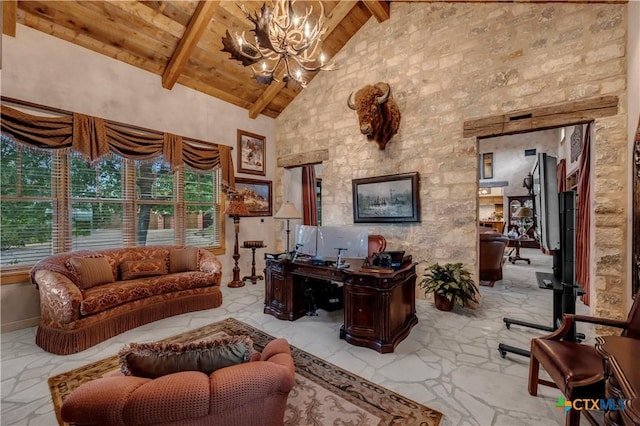 office with a chandelier, beam ceiling, high vaulted ceiling, and wooden ceiling