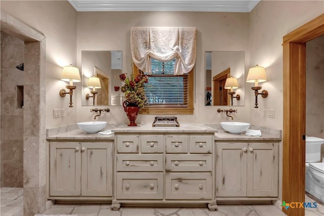 bathroom featuring walk in shower, toilet, vanity, and ornamental molding