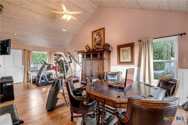 office space featuring ceiling fan, light hardwood / wood-style floors, wood ceiling, and high vaulted ceiling