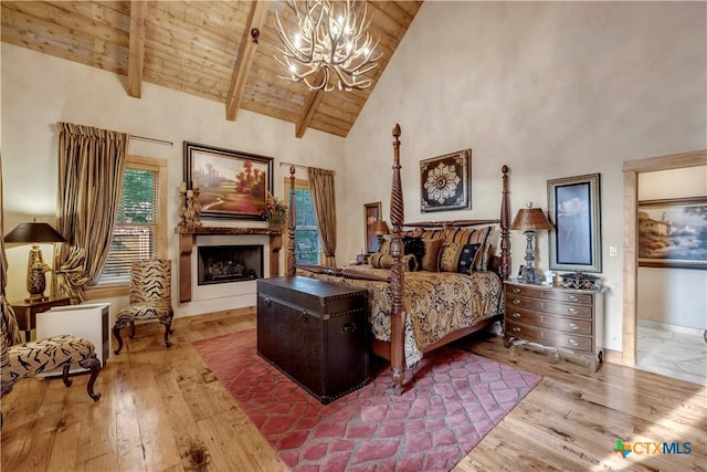 bedroom featuring hardwood / wood-style flooring, high vaulted ceiling, wooden ceiling, a notable chandelier, and beamed ceiling