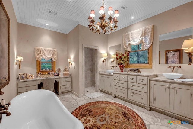 bathroom with vanity, crown molding, independent shower and bath, wood ceiling, and a chandelier