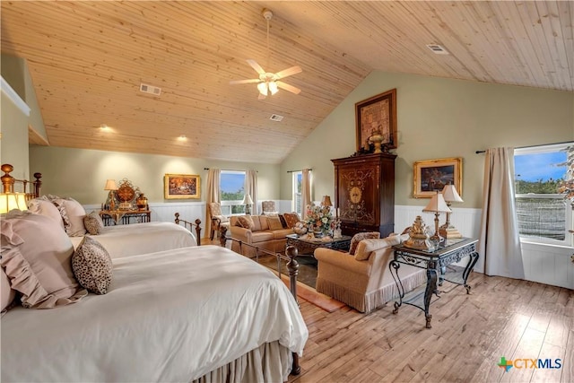 bedroom featuring ceiling fan, light wood-type flooring, wooden ceiling, and high vaulted ceiling