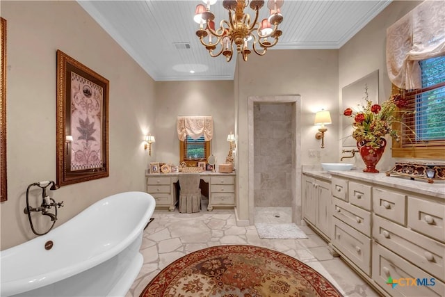 bathroom featuring independent shower and bath, vanity, a chandelier, and ornamental molding