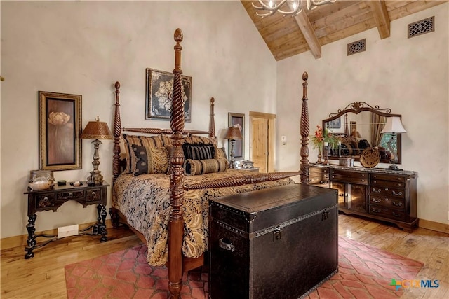 bedroom featuring hardwood / wood-style floors, high vaulted ceiling, wood ceiling, and beam ceiling