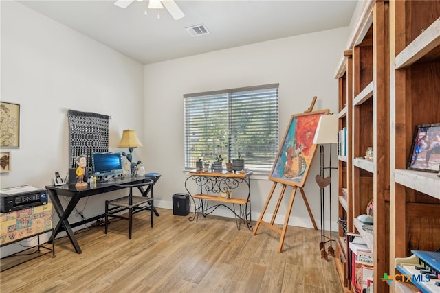 office area featuring light hardwood / wood-style floors and ceiling fan