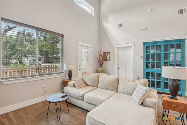 living room with wood-type flooring and a towering ceiling