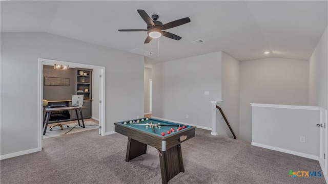 playroom with carpet flooring and lofted ceiling