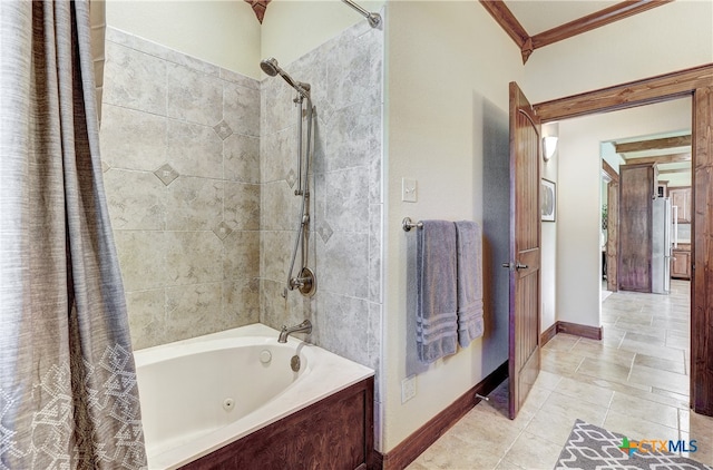 bathroom with shower / bath combo and crown molding