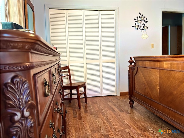 bedroom featuring dark wood-type flooring and a closet