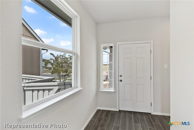 entryway with a healthy amount of sunlight and dark wood-type flooring