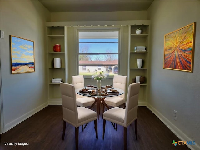 dining space featuring dark wood-style floors, built in features, and baseboards