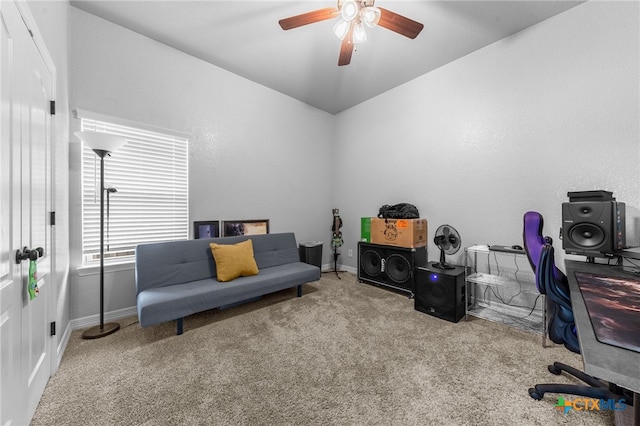 carpeted office with ceiling fan