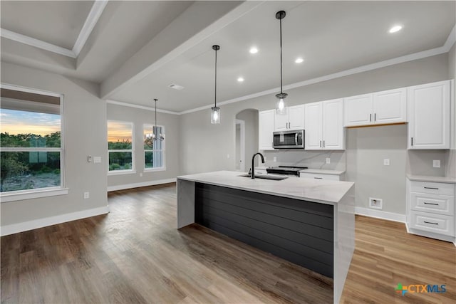 113 Cobblestone Ln, Burnet, TX 78611 - kitchen featuring stainless steel microwave, light wood-style floors, arched walkways, crown molding, and white cabinetry