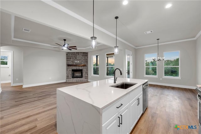 113 Cobblestone Ln, Burnet, TX 78611 - kitchen with a sink, baseboards, ceiling fan with notable chandelier, dishwasher, and a fireplace