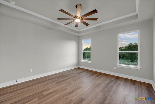 113 Cobblestone Ln, Burnet, TX 78611 - unfurnished room featuring a tray ceiling, wood finished floors, a ceiling fan, and baseboards