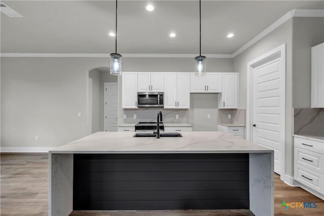 113 Cobblestone Ln, Burnet, TX 78611 - kitchen with wood finished floors, a sink, arched walkways, stainless steel microwave, and ornamental molding
