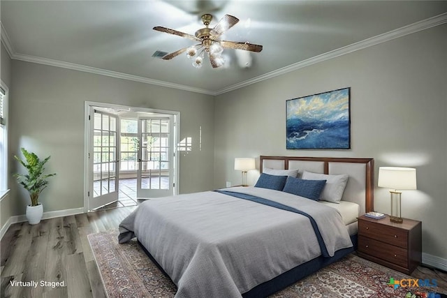 bedroom featuring access to outside, ceiling fan, crown molding, and hardwood / wood-style flooring