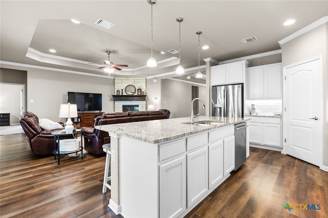 kitchen with appliances with stainless steel finishes, a tray ceiling, a kitchen island with sink, sink, and white cabinets