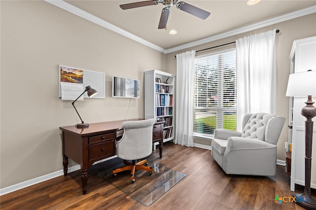 home office with ceiling fan, dark hardwood / wood-style flooring, and crown molding