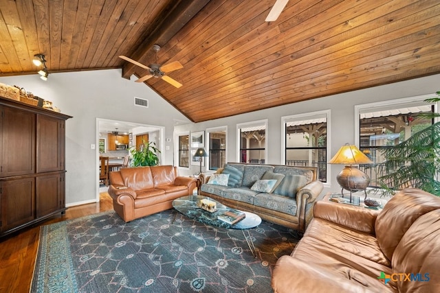 living room with vaulted ceiling with beams, ceiling fan, dark hardwood / wood-style flooring, and wood ceiling