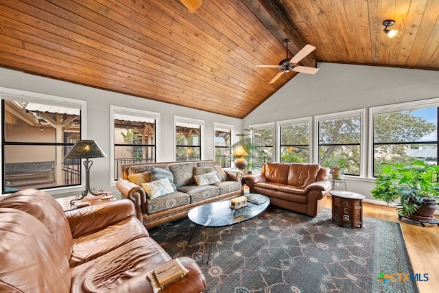 sunroom / solarium featuring vaulted ceiling with beams, ceiling fan, and wooden ceiling