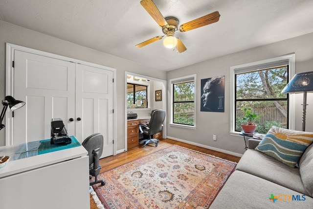 office area featuring ceiling fan and light hardwood / wood-style floors