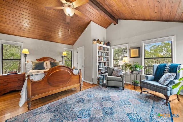 bedroom with wood-type flooring, vaulted ceiling with beams, and wooden ceiling