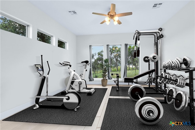 exercise area featuring ceiling fan