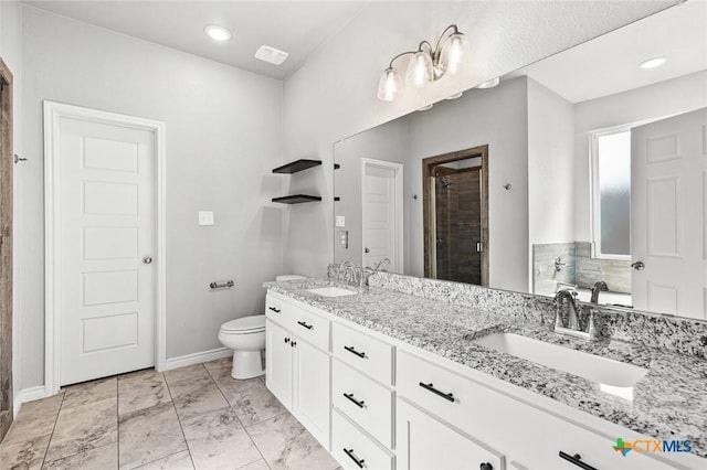 7917 Purvis St, Temple, TX 76502 - bathroom featuring a stall shower, double vanity, marble look tile flooring, and recessed lighting